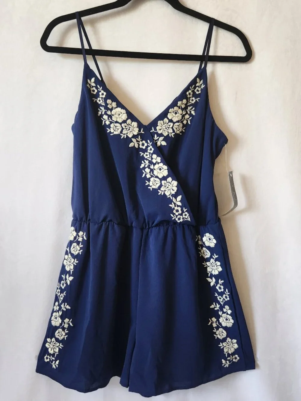Trixxi Women Size L Blue Faux Surplice Floral Embroidered Strappy Sleeve Romper